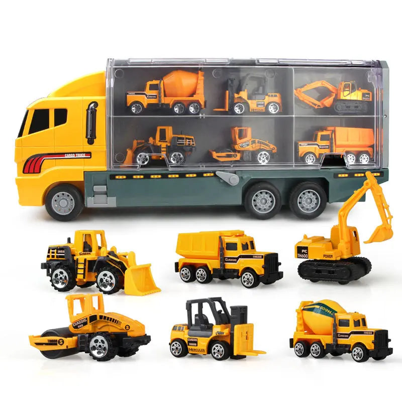 10 In 1 Construction Toys Truck Storage Die-cast Vehicle Transporter Car Set Excavator Dump Truck Digger Backhoe for Kids Gift