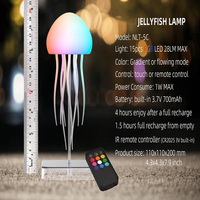 Jellyfish Lamp Remote & Touch Controlled, RGB Gradient Rechargeable Dancing Tentacles Night Light for Home Office Bedside Decor