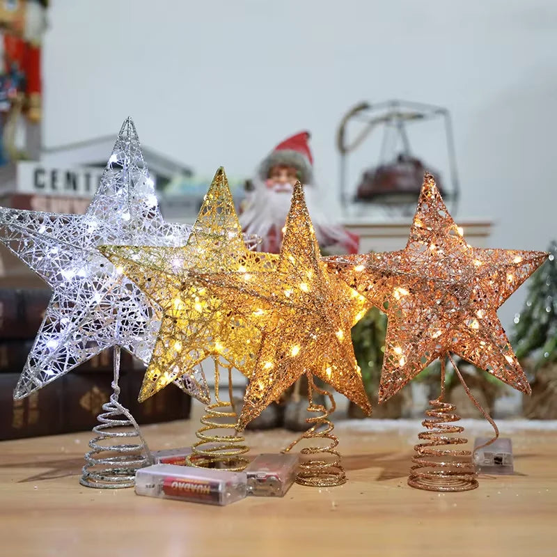Christmas Tree Pentagram Decoration Exquisite Iron Glitter Powder Christmas Tree Decoration Top LED Star Lighting Props