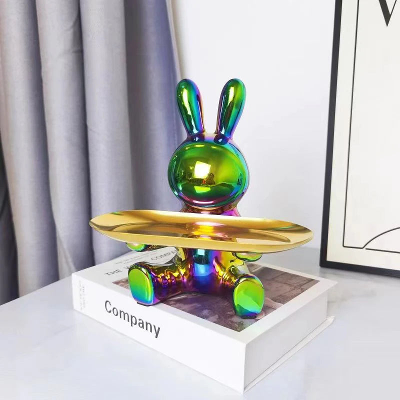 Sculpture Ceramics Colorful Plating Rabbit Storage Box Home Living Room Storage Tray Decorative Statue Bunny Ornament