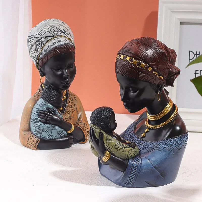 African Woman Resin Statue – Mother & Child Abstract Figurine | Home Decor Ornament