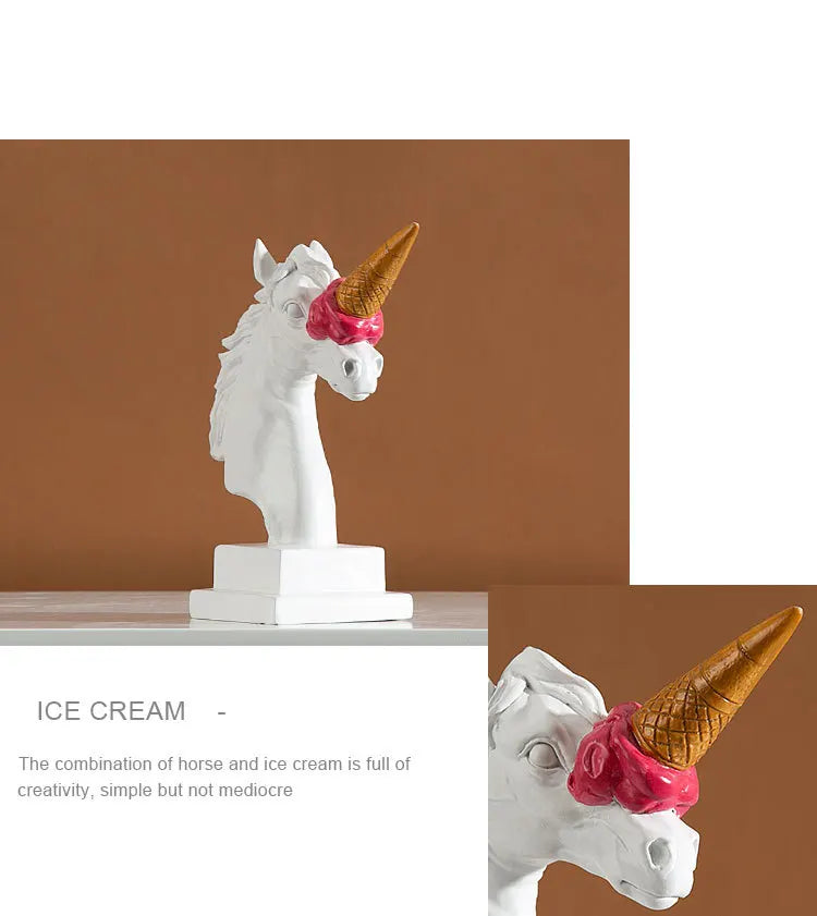Ice-Cream Horn Horse Head Sculpture – Surreal Statement Object