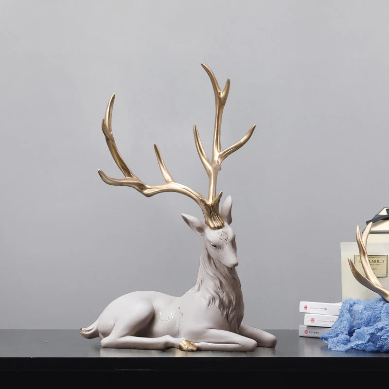 Gold-Antler Deer Figurine – Modern Resin Animal Ornament for Home Decor