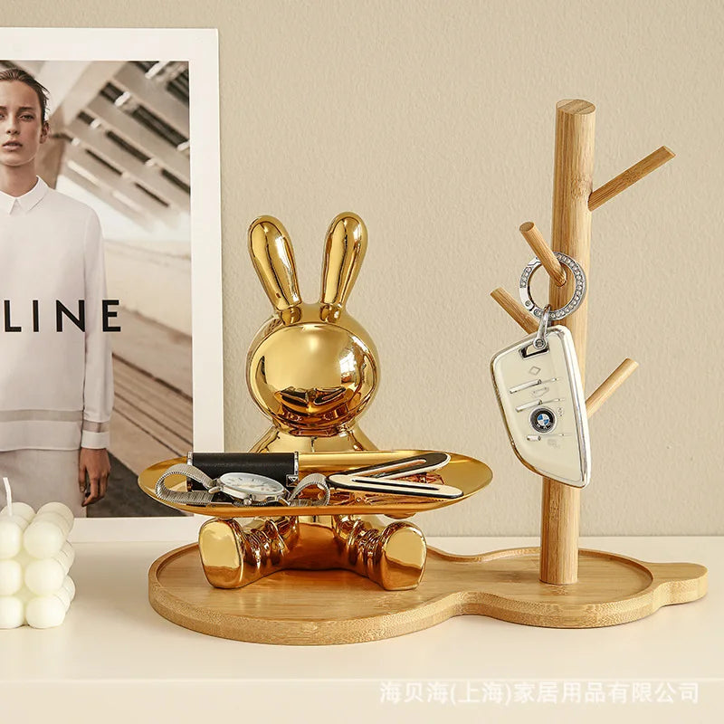 Sculpture Ceramics Colorful Plating Rabbit Storage Box Home Living Room Storage Tray Decorative Statue Bunny Ornament