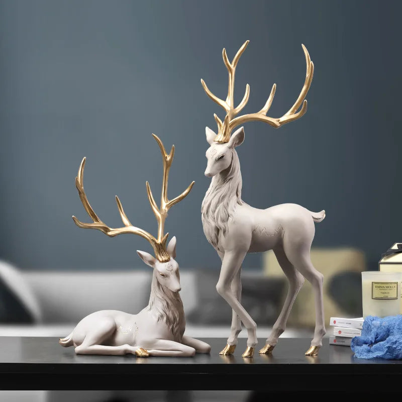 Gold-Antler Deer Figurine – Modern Resin Animal Ornament for Home Decor