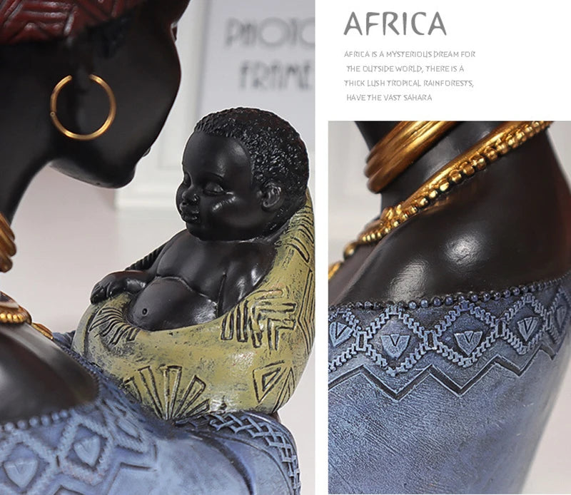 African Woman Resin Statue – Mother & Child Abstract Figurine | Home Decor Ornament