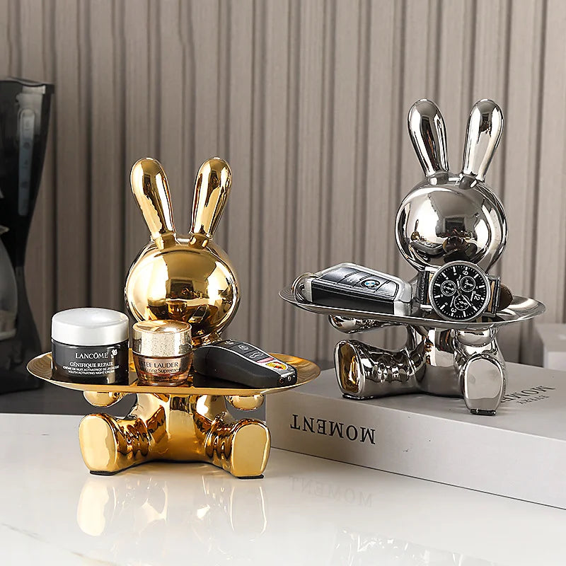 Sculpture Ceramics Colorful Plating Rabbit Storage Box Home Living Room Storage Tray Decorative Statue Bunny Ornament