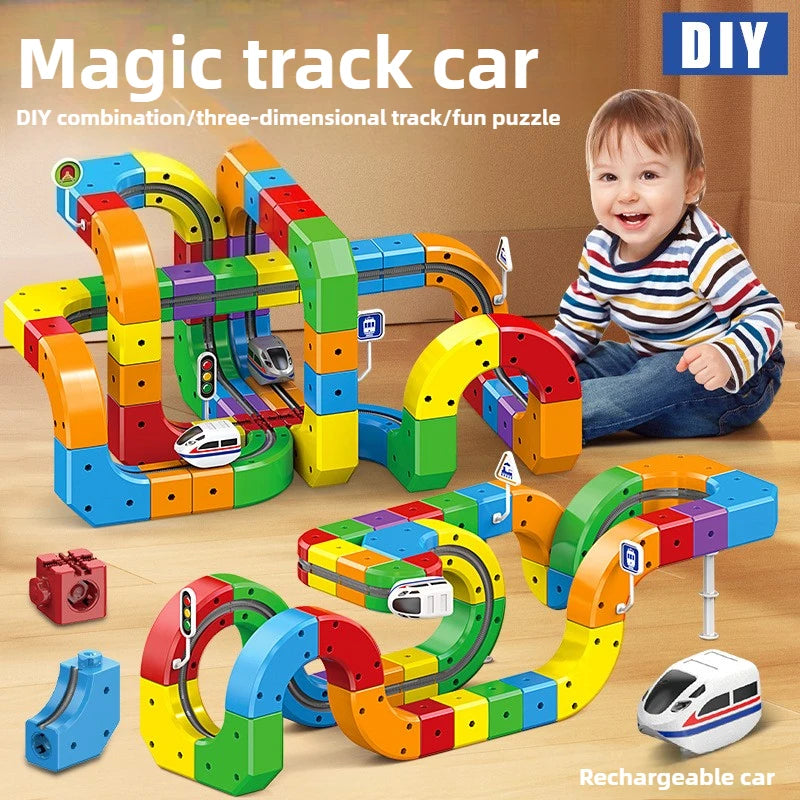 Children Magnetic Rail Car Cube Toys DIY Building Blocks Educational Toy Magical Track Train Construction Kids Christmas Gifts