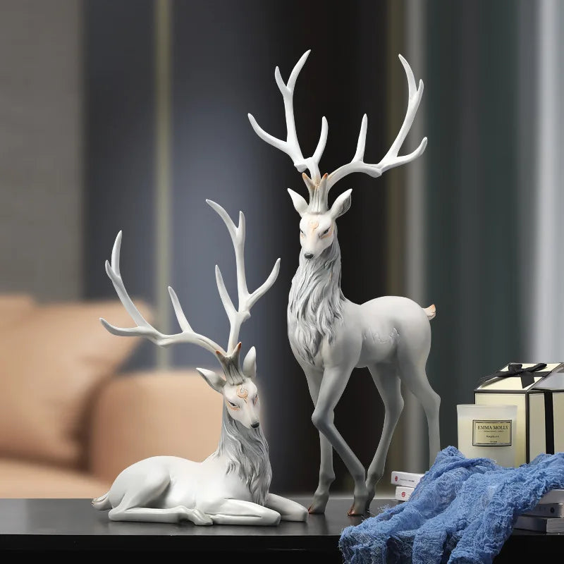 Gold-Antler Deer Figurine – Modern Resin Animal Ornament for Home Decor