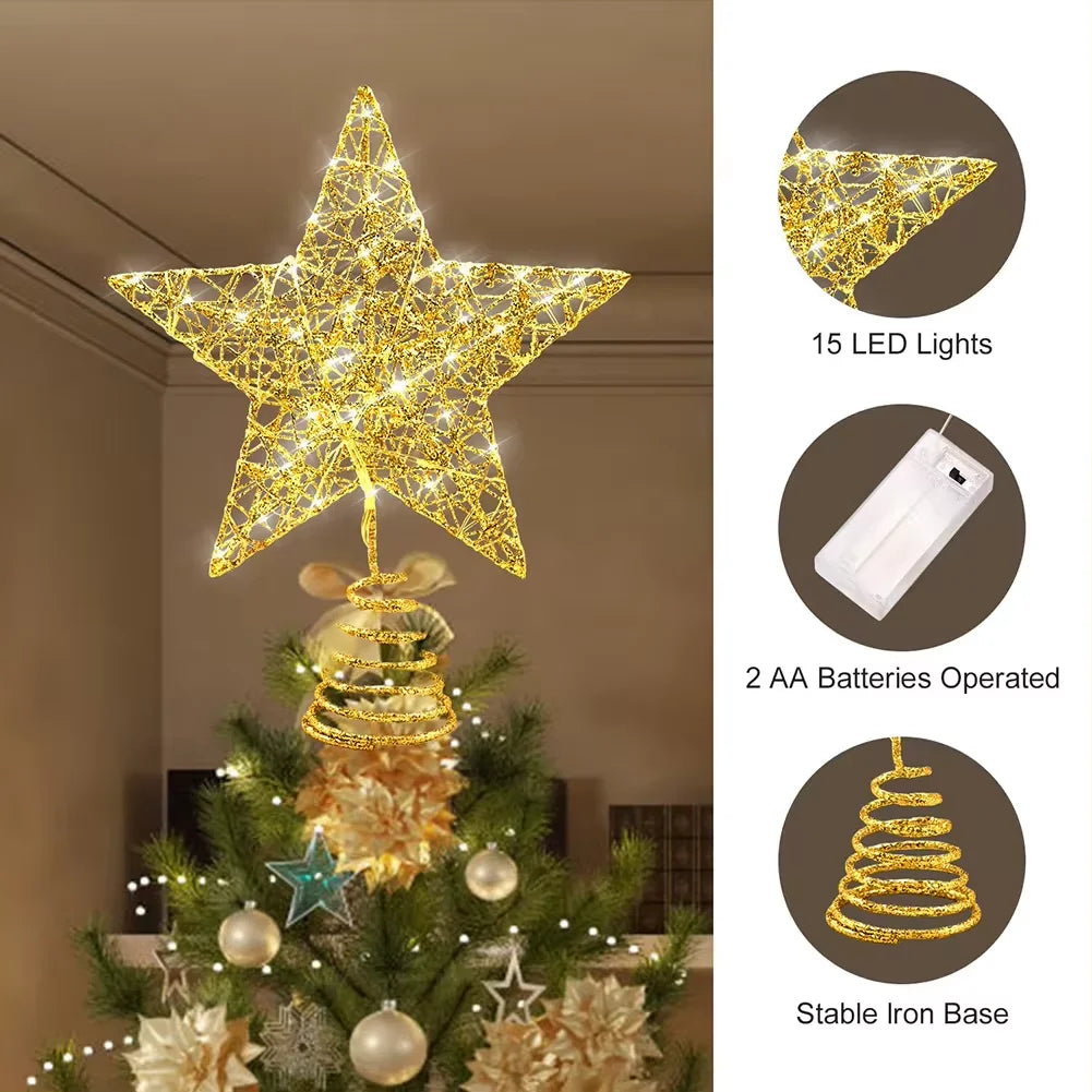 Christmas Tree Pentagram Decoration Exquisite Iron Glitter Powder Christmas Tree Decoration Top LED Star Lighting Props