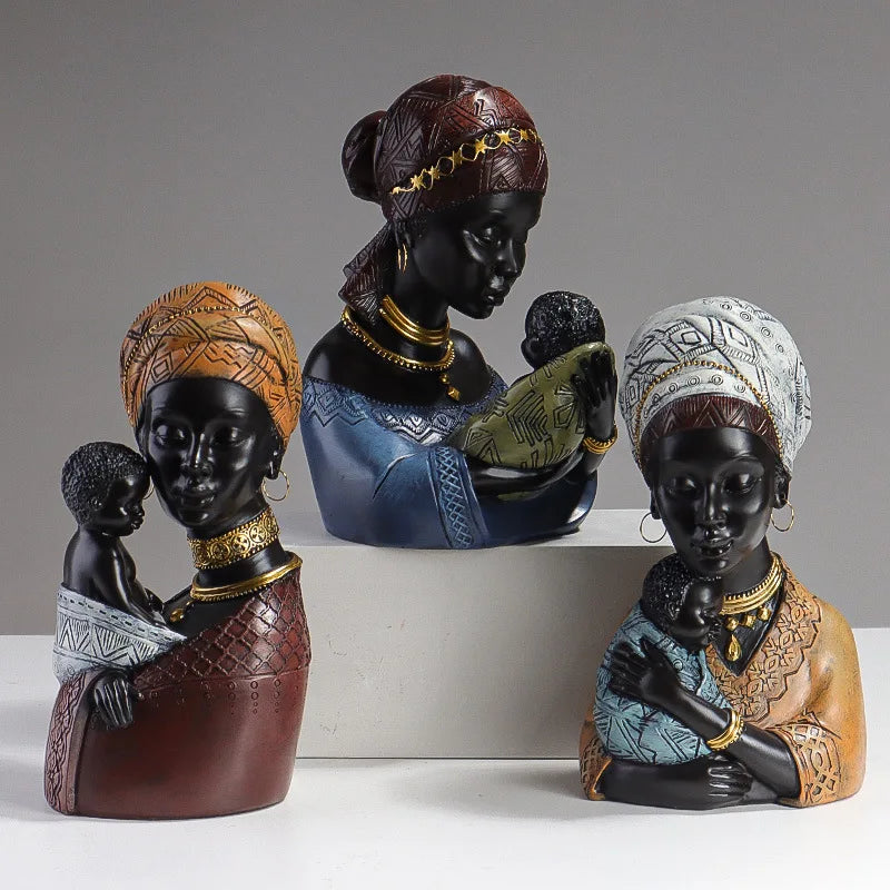 African Woman Resin Statue – Mother & Child Abstract Figurine | Home Decor Ornament