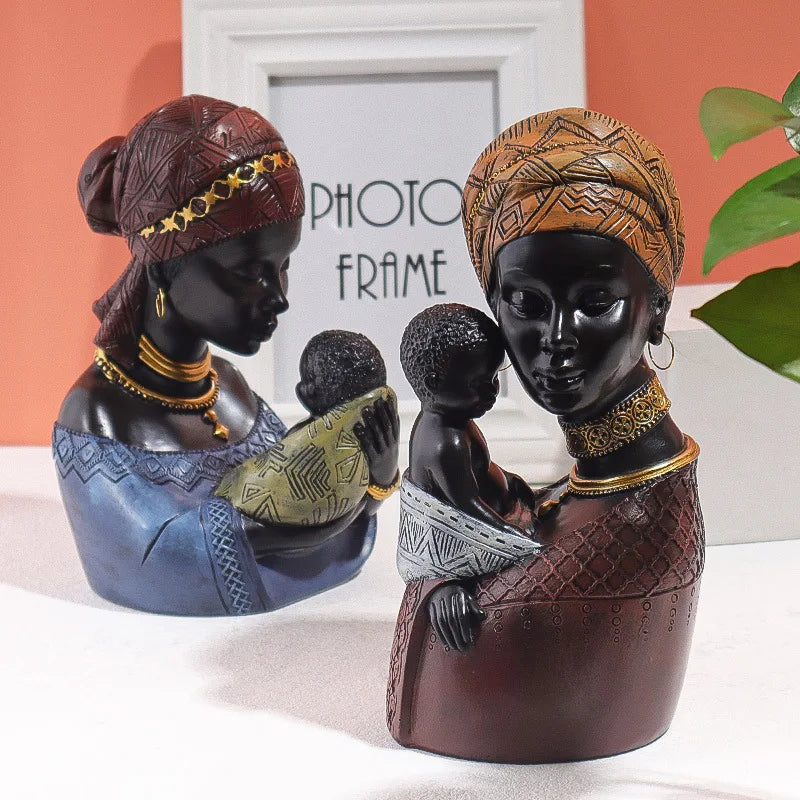 African Woman Resin Statue – Mother & Child Abstract Figurine | Home Decor Ornament